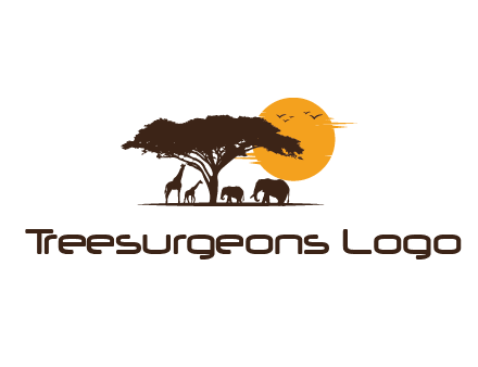 wildlife safari logo with giraffes and elephants standing under a tree in front of sun