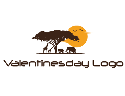 wildlife safari logo with giraffes and elephants standing under a tree in front of sun