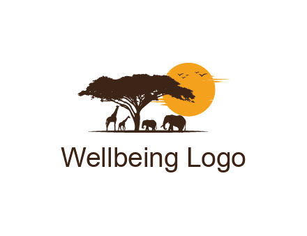 wildlife safari logo with giraffes and elephants standing under a tree in front of sun