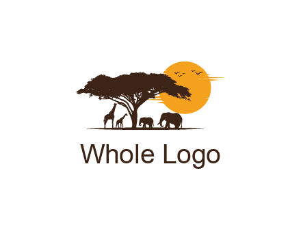 wildlife safari logo with giraffes and elephants standing under a tree in front of sun