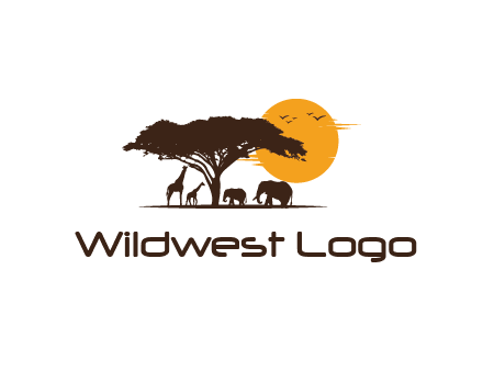 wildlife safari logo with giraffes and elephants standing under a tree in front of sun