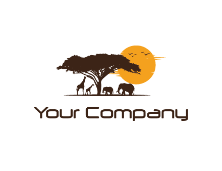 wildlife safari logo with giraffes and elephants standing under a tree in front of sun