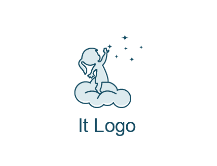 little girl sitting on cloud playing with stars