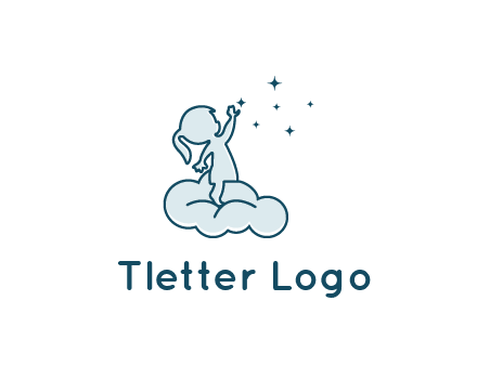 little girl sitting on cloud playing with stars
