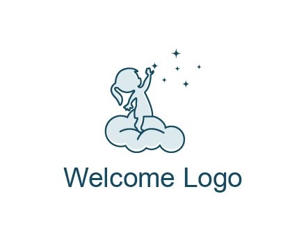 little girl sitting on cloud playing with stars
