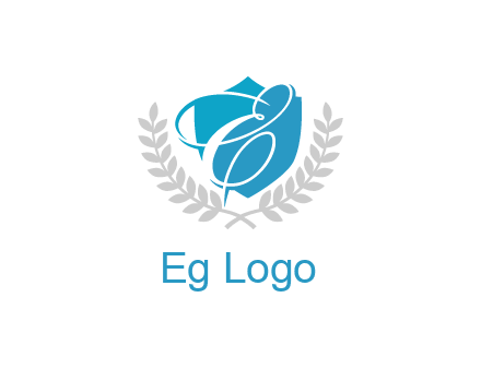 negative spacing calligraphic letter E in shield with leaves