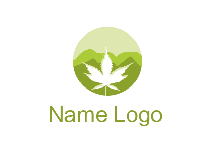 negative spacing marijuana leaf in circle with mountain fields