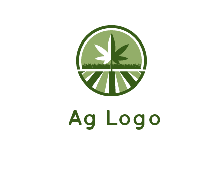 two tone marijuana leaf in circle with grass and field 