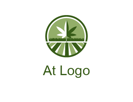 two tone marijuana leaf in circle with grass and field 