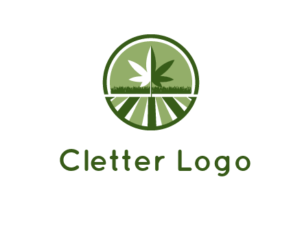two tone marijuana leaf in circle with grass and field 