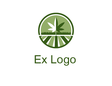 two tone marijuana leaf in circle with grass and field 