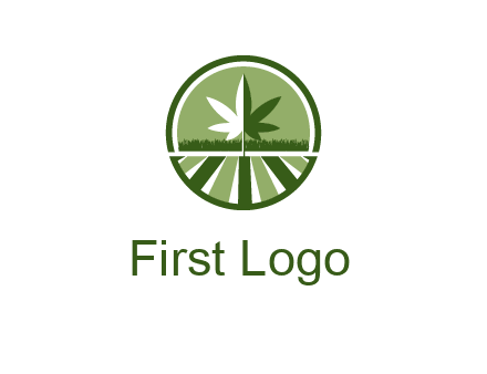 two tone marijuana leaf in circle with grass and field 