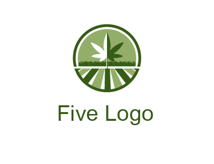 two tone marijuana leaf in circle with grass and field 