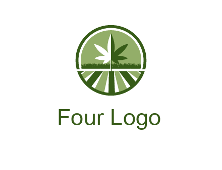 two tone marijuana leaf in circle with grass and field 
