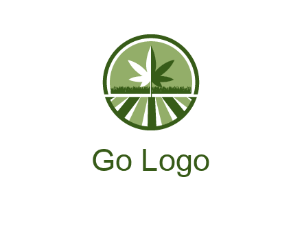 two tone marijuana leaf in circle with grass and field 