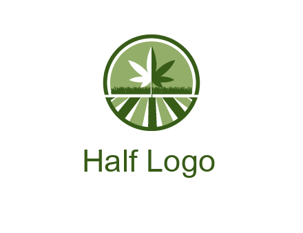 two tone marijuana leaf in circle with grass and field 