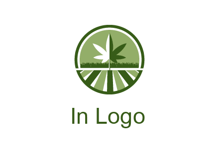 two tone marijuana leaf in circle with grass and field 