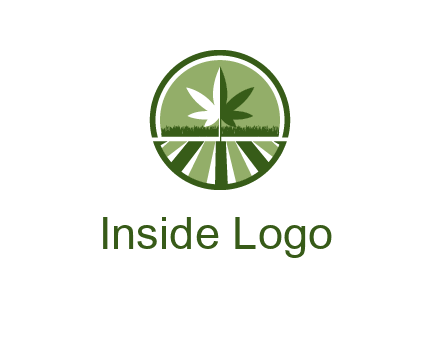 two tone marijuana leaf in circle with grass and field 