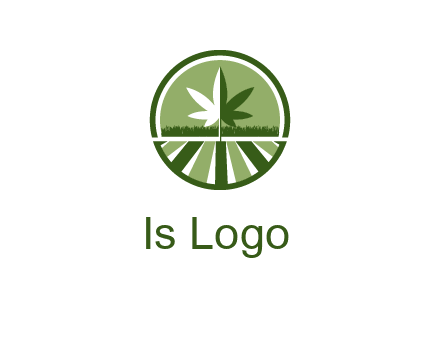 two tone marijuana leaf in circle with grass and field 