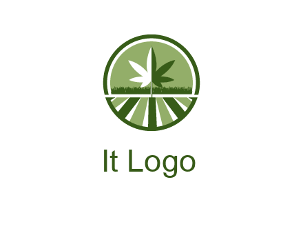 two tone marijuana leaf in circle with grass and field 