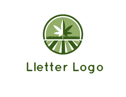 two tone marijuana leaf in circle with grass and field 