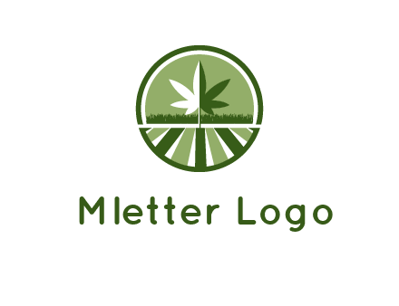 two tone marijuana leaf in circle with grass and field 