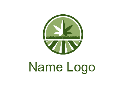 two tone marijuana leaf in circle with grass and field 