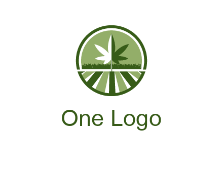 two tone marijuana leaf in circle with grass and field 