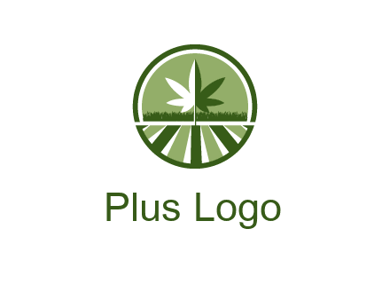 two tone marijuana leaf in circle with grass and field 