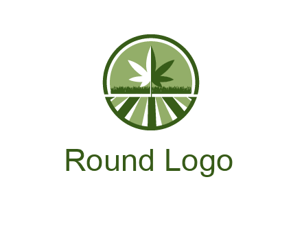 two tone marijuana leaf in circle with grass and field 
