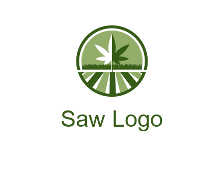 two tone marijuana leaf in circle with grass and field 