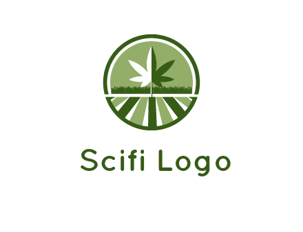 two tone marijuana leaf in circle with grass and field 