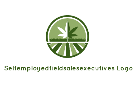 two tone marijuana leaf in circle with grass and field 