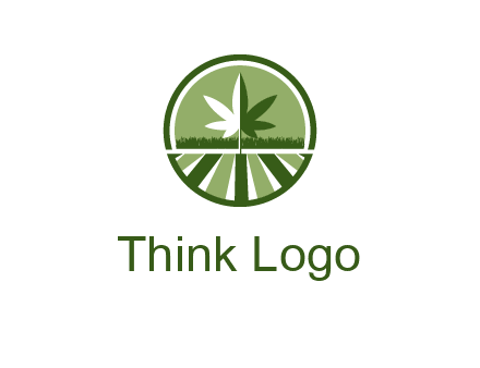 two tone marijuana leaf in circle with grass and field 