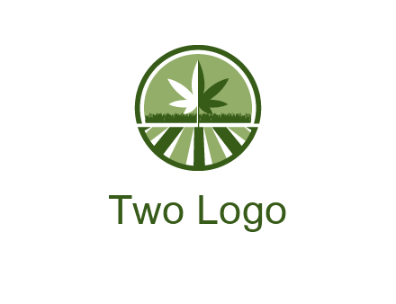 two tone marijuana leaf in circle with grass and field 