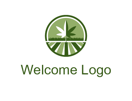 two tone marijuana leaf in circle with grass and field 