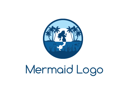 mermaid with palm trees and sea in circle