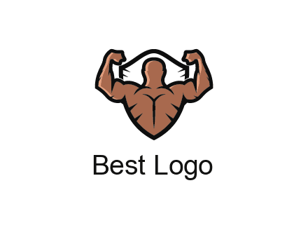 shield behind bodybuilder flexing 