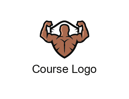 shield behind bodybuilder flexing 