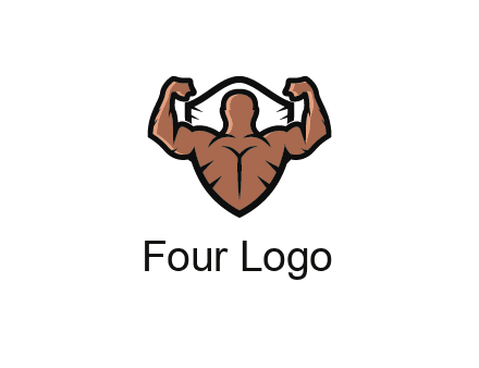 shield behind bodybuilder flexing 