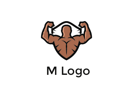 shield behind bodybuilder flexing 