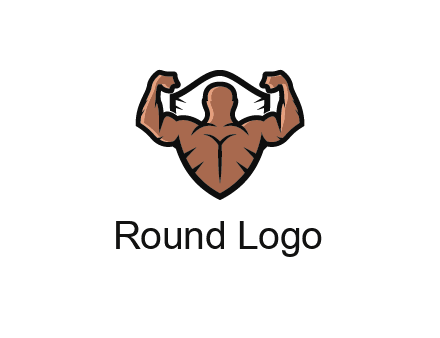 shield behind bodybuilder flexing 