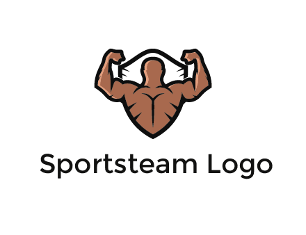 shield behind bodybuilder flexing 