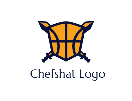 swords behind shield with basketball pattern