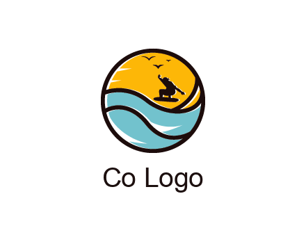 surfer surfing with birds in circle
