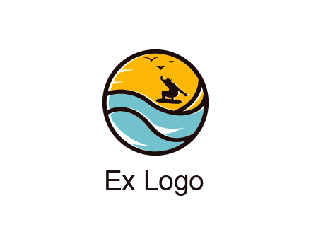 surfer surfing with birds in circle