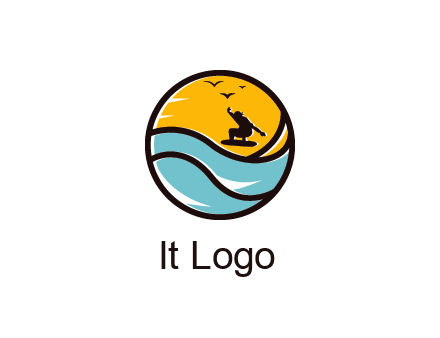 surfer surfing with birds in circle