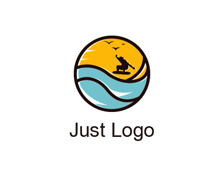 surfer surfing with birds in circle