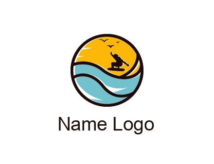 surfer surfing with birds in circle