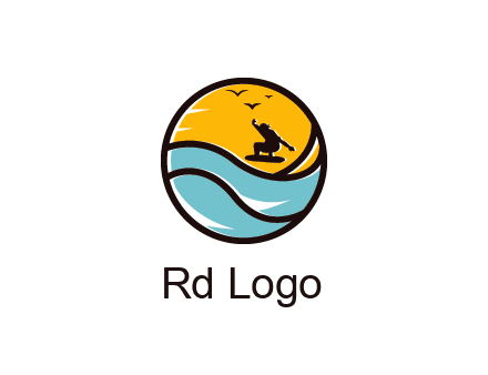 surfer surfing with birds in circle